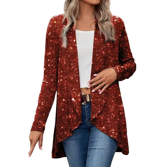 Goindgs Womens Jacket Fall Coats Sequin Solid Color Irregular Hem Long Sleeve Long Jackets Tops Shirts Trendy 2025 Red-L