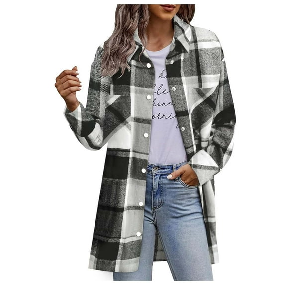 Goindgs Womens Jackets Fall Causal Coat Plaid Shirt Collar Oversized Trench Long Sleeve Drop Shoulder Loose Jacket Women's Sweater Black-L