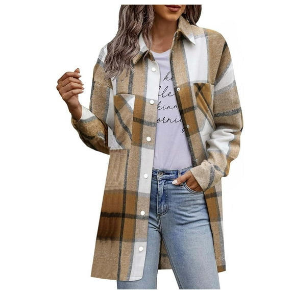 Goindgs Womens Jackets Fall Causal Coat Plaid Shirt Collar Oversized Trench Long Sleeve Drop Shoulder Loose Jacket Women's Sweater Brown-S