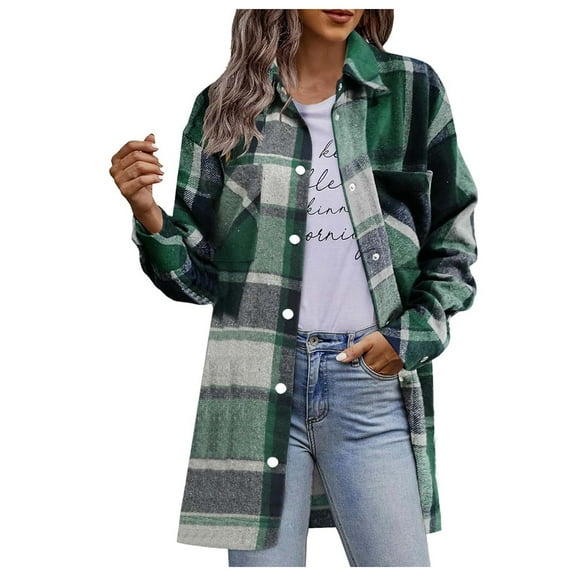 Goindgs Womens Jackets Fall Causal Coat Plaid Shirt Collar Oversized Trench Long Sleeve Drop Shoulder Loose Jacket Women's Sweater Green 2-S