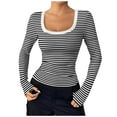 thumbnail image 1 of Goindgs Womens Long Sleeve Ribbed Shirts Casual Trendy Slim Stripe Tops Fall Winter U Neck Tops Basic Layer Tee Shirt for Women Z1 Black-L, 1 of 6