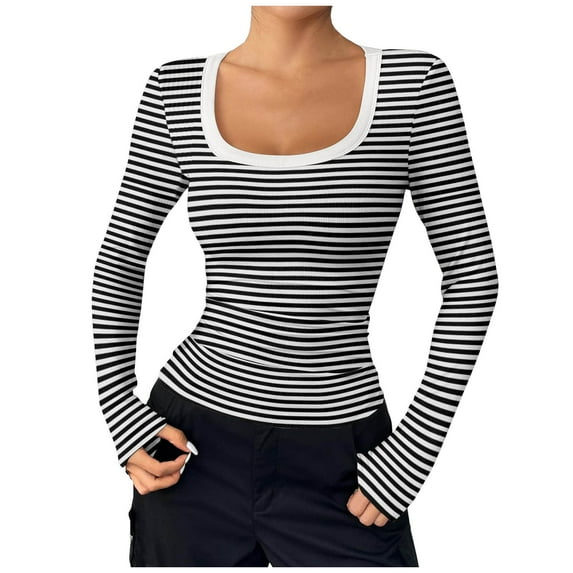 Goindgs Womens Long Sleeve Ribbed Shirts Casual Trendy Slim Stripe Tops Fall Winter U Neck Tops Basic Layer Tee Shirt for Women Z1 Black-L