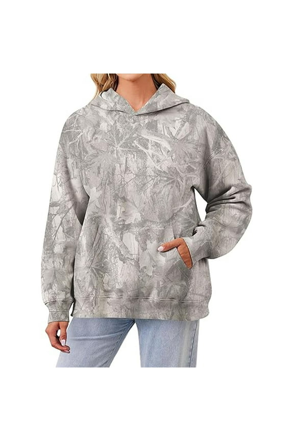 Womens Oversized Hoodies Camo Print maple leaf Long Sleeve Pullover Hooded Shirts 2025 Fall Winter Relaxed Sweatshirts A-Light Gray L