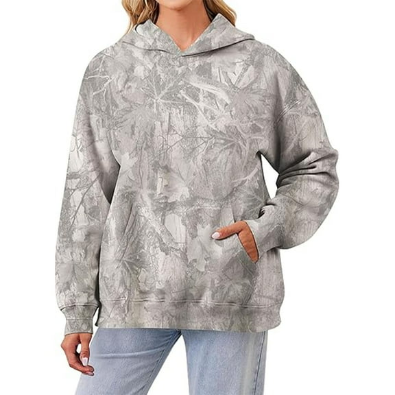 Goindgs Womens Oversized Hoodies Camo Print maple leaf Long Sleeve Pullover Hooded Shirts 2025 Fall Winter Relaxed Sweatshirts A-Light Gray S