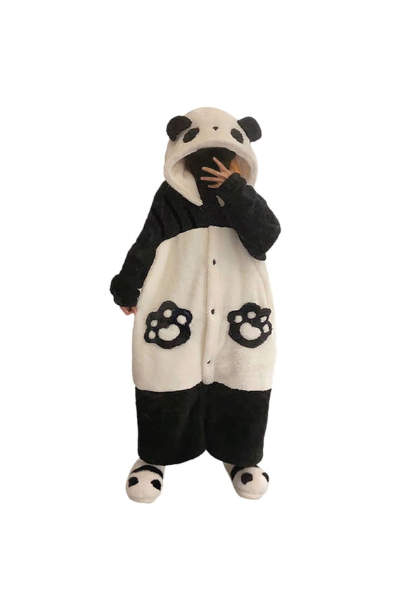 Womens Winter Coral Velvet Hooded Robe Loungewear Cartoon Flannel Dressing Gown Animal Pajamas Ladies Warm Nightgowns Panda Black-L