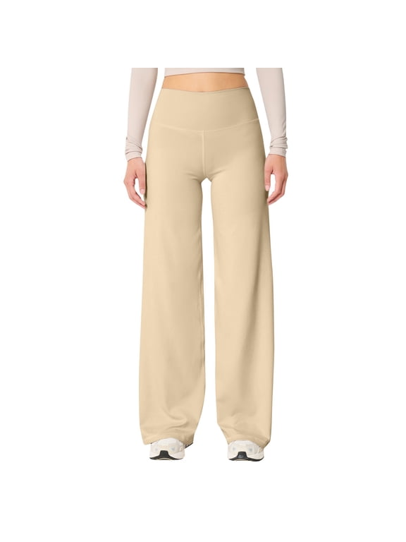 Yoga Pants for Women Leggings Workout High Waist Stretch Seamless Solid Color Wide Leg Loose Yoga Pants Womens Athletic Leggings Beige-L