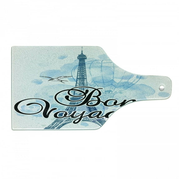 Going Away Party Cutting Board, Eiffel Tower Air Balloon Watercolor Bon Voyage Bird Journey, Decorative Tempered Glass Cutting and Serving Board, Wine Bottle Shape, Pale Blue Black Blue, by Ambesonne