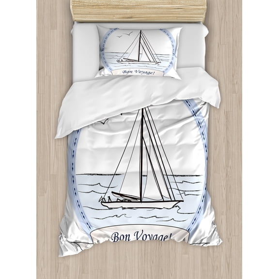 Going Away Party Duvet Cover Set, Bon Voyage Journey in Ocean Vintage Travel Card Inspired Print, Decorative 2 Piece Bedding Set with 1 Pillow Shams, Twin Size, Pale Blue White Lilac, by Ambesonne