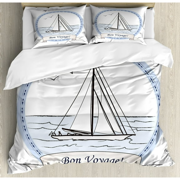 Going Away Party Duvet Cover Set, Bon Voyage Journey in Ocean Vintage Travel Card Inspired Print, Decorative 3 Piece Bedding Set with 2 Pillow Shams, Queen Size, Pale Blue White Lilac, by Ambesonne
