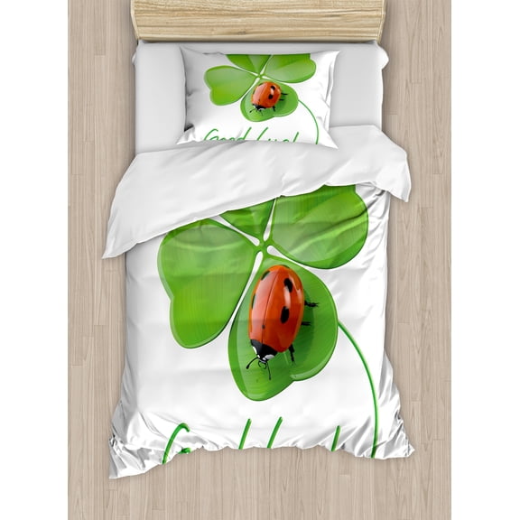 Going Away Party Duvet Cover Set, Lettering Lucky 4 Leaf Clover with Ladybug Irish Symbol Artwork, Decorative 2 Piece Bedding Set with 1 Pillow Shams, Twin Size, Black Green and Red, by Ambesonne