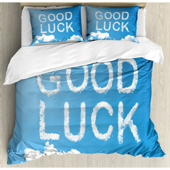 Going Away Party Duvet Cover Set, Luck Message on Sky with White Clouds Wishful Thinking Art Print, Decorative 3 Piece Bedding Set with 2 Pillow Shams, King Size, Sky Blue White, by Ambesonne