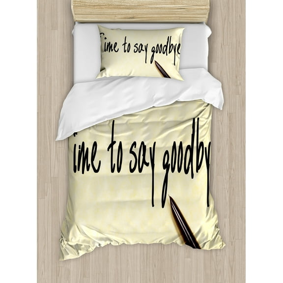 Going Away Party Duvet Cover Set, Time to Say Goodbye Hand Writing Ink Pen and Paper Art Print, Decorative 2 Piece Bedding Set with 1 Pillow Shams, Twin Size, Pale Yellow Black, by Ambesonne