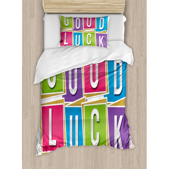 Going Away Party Duvet Cover Set Twin Size, Colorful Vibrant Blocks with Letters Saying Good Luck Modern Artwork Print, Decorative 2 Piece Bedding Set with 1 Pillow Sham, Multicolor, by Ambesonne