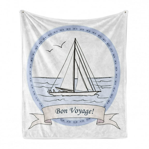 Going Away Party Soft Flannel Fleece Blanket, Bon Voyage Journey in Ocean Vintage Travel Card Inspired Print, Cozy Plush for Indoor and Outdoor Use, 70" x 90", Lilac Baby Blue White, by Ambesonne