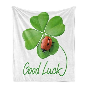 Going Away Party Soft Flannel Fleece Throw Blanket, Lucky 4 Leaf Clover with Ladybug Irish Charm Luck, Cozy Plush for Indoor and Outdoor Use, 60" x 80", Green Red Black, by Ambesonne