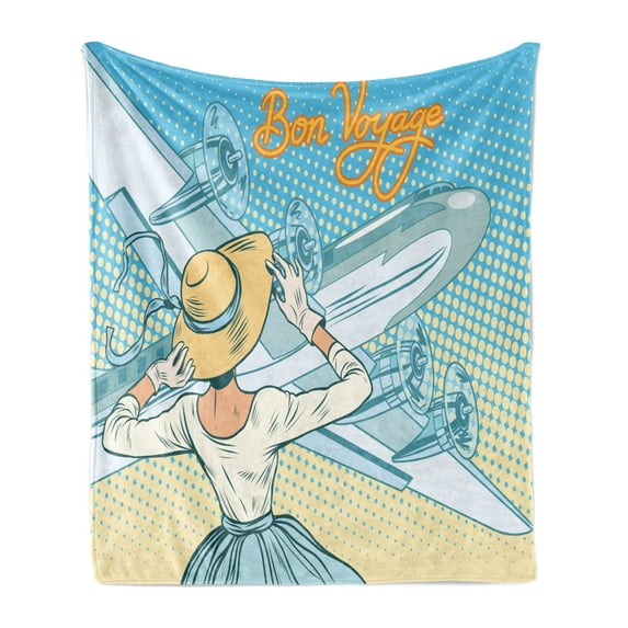 Going Away Party Soft Flannel Fleece Throw Blanket, Vintage Retro Lady Escorts Aircraft Pop Art Style Travel Comic, Cozy Plush for Indoor and Outdoor Use, 50" x 60", Pale Blue Yellow, by Ambesonne