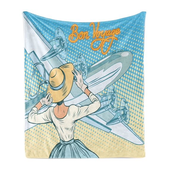 Going Away Party Soft Flannel Fleece Throw Blanket, Vintage Retro Lady Escorts Aircraft Pop Art Style Travel Comic, Cozy Plush for Indoor and Outdoor Use, 70" x 90", Pale Blue Yellow, by Ambesonne