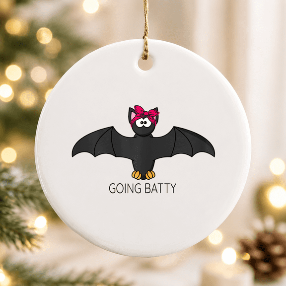 Going Batty Messy Bun Halloween Bat Christmas Ornament, Spooky Holiday Decor, Ceramic Ornament