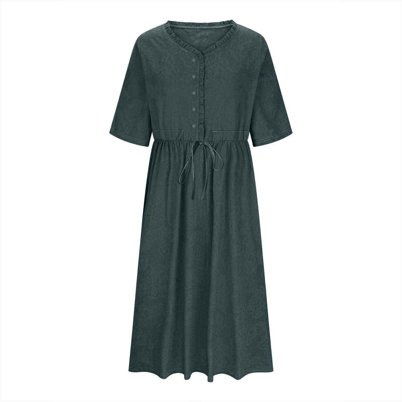 knee length linen summer dresses Women's Cotton Dress Women's Cotton Linen Summer Dress – Short Sleeve Button Down Plus Size fitted linen dress