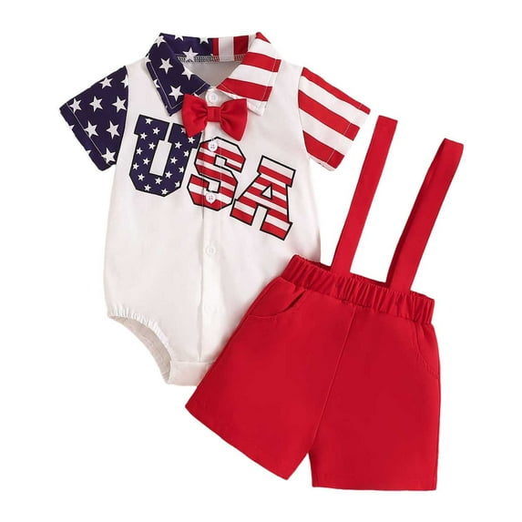 Going Home Outfit Baby Boy Short Sleeve Independence Day Prints Bodysuit Suspenders Gentleman Polyester Toddler Boy Summer Clothes Red 12 Months-18 Months