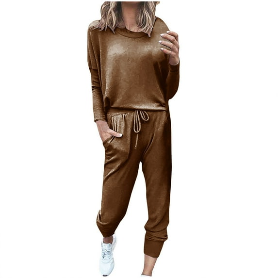 Going Out Outfits for Women 2 Piece Business Casual Loose Long Sleeve Winter Fall Fashionable Tops and Trousers Solid Sports Suit Set,Brown,3XL