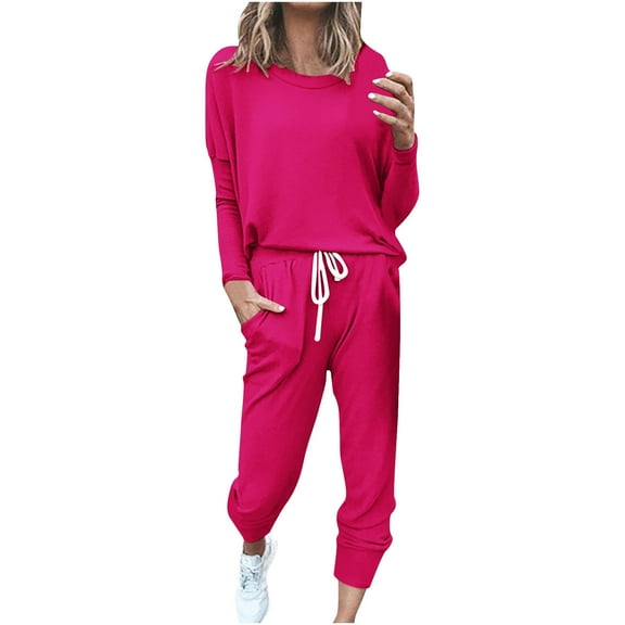 Going Out Outfits for Women 2 Piece Business Casual Loose Long Sleeve Winter Fall Fashionable Tops and Trousers Solid Sports Suit Set,Hot Pink 1,S