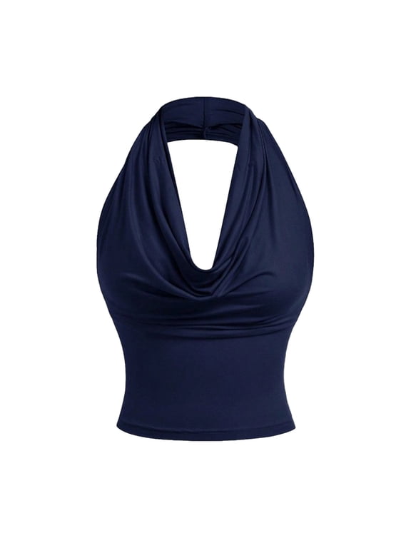 Going Out Tops For Women Sevevn Women's Halter Neck Ruched Crop Top Draped Front Sleeveless Cami Blue XL