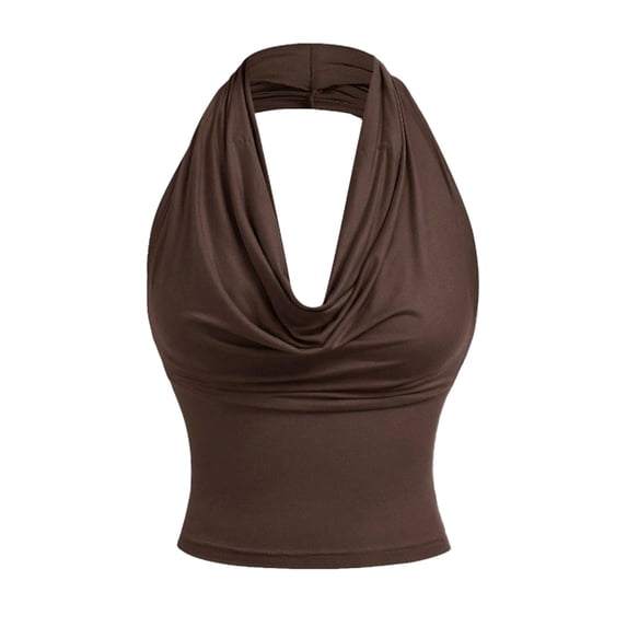 Going Out Tops For Women Sevevn Women's Halter Neck Ruched Crop Top Draped Front Sleeveless Cami Brown S
