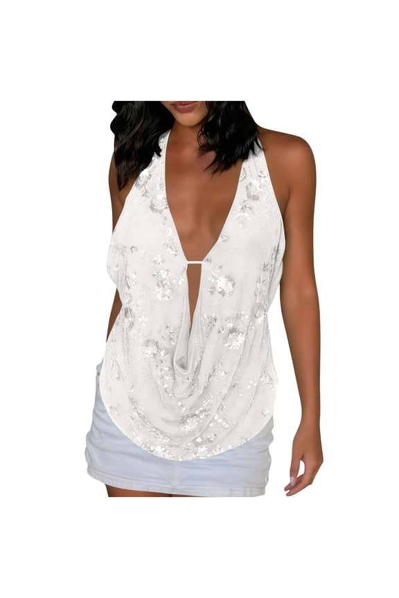 Going Out Tops For Women Sevevn Women's Sequin Embellished Halter Top Cowl Neck Keyhole Blouse for Party White L