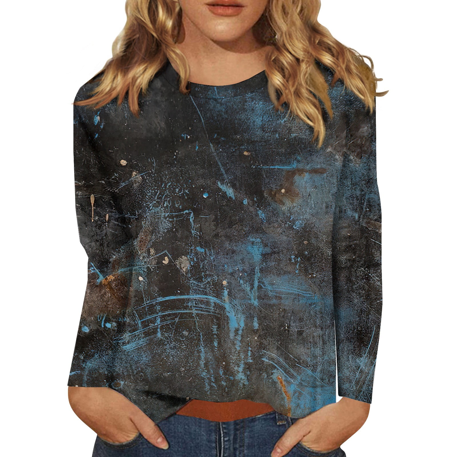 Going Out Tops for Women Fall Floral Print Shirts Long Sleeve Round