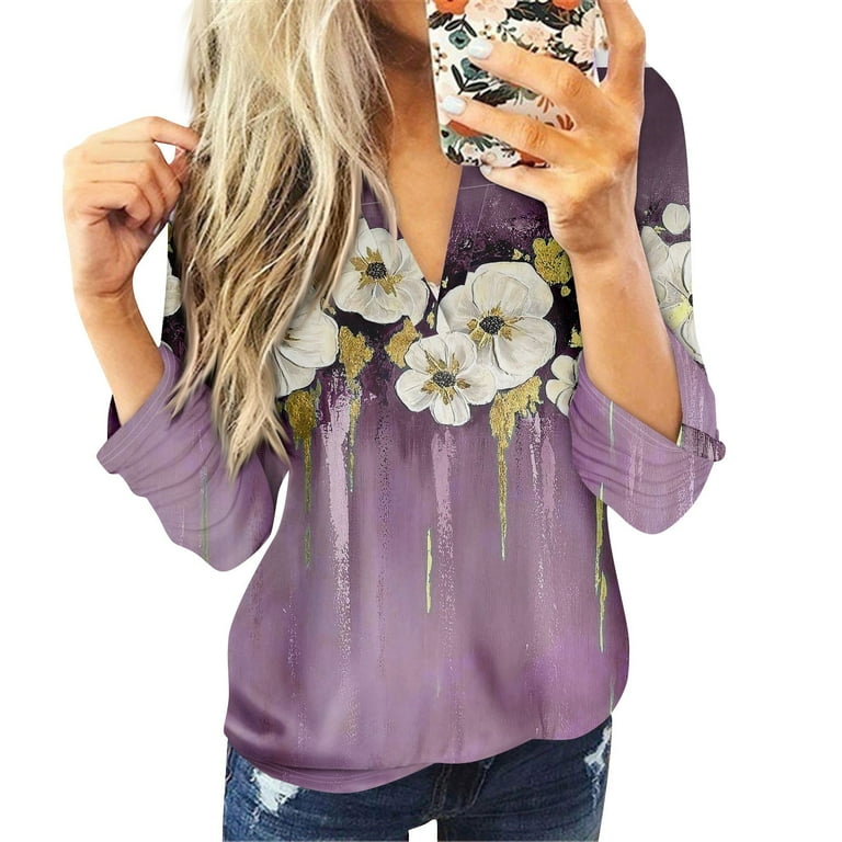 Going Out Tops for Women Fall Floral Print Tunics Long Sleeve V Neck Tunic Tops for Leggings Shirts Dressy Casual Fall Outfits for Women 2024 Trendy purple Medium Walmart
