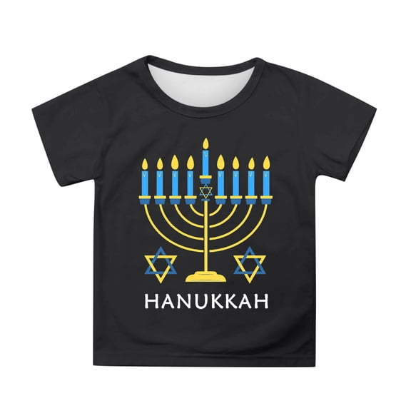Going Out Tops for Little Girl Short Sleeve Hanukkah Print Round Neck Boys and Girls Shirts,Black,Size 3-4 Years