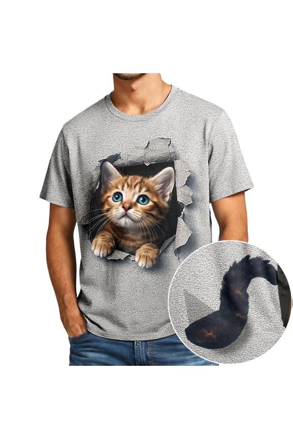 Going Out Tops for Men Cat Print Short Sleeve Graphic Crewneck Compression Shirt Men,Light Gray,L
