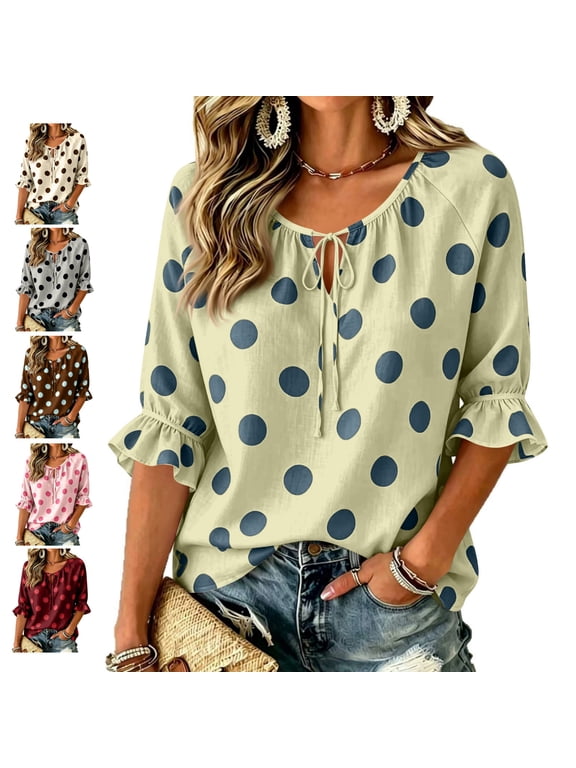 Going Out Tops for Women 3/4 Sleeve Polka Dot Tops Loose Fit Casual Dressy V Neck Shirts Blouses Fashion Fall Clothes