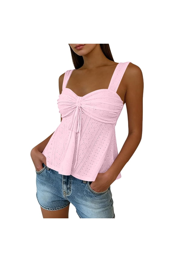 Going Out Tops for Women Breathable Eyelet Flowy Tops with Front Drawstring Casual Loose Sleeveless Cute Summer Tops