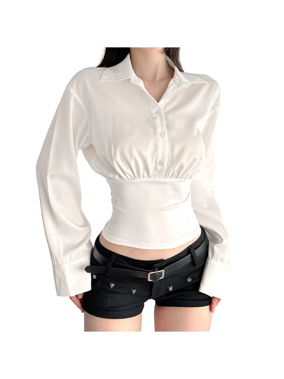 Going Out Tops for Women Button Down Long Sleeve Crop Pol-O Shirt Cinched Waist Cute Blouse White S
