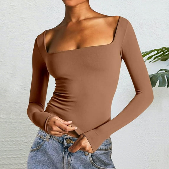Going Out Tops for Women, Double Lined Square Neck Long Sleeve Shirts for Women - Basic Slim Fit Crop T Shirt