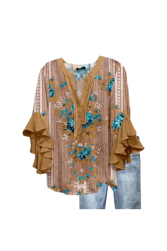 Going Out Tops for Women Fall Fashion Fashion Clothing Bell Casual Clothes Soft Womens 3/4 Sleeve Tops Brown