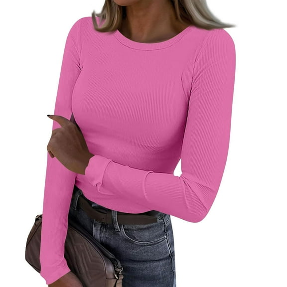 Going Out Tops for Women Fall Long Sleeve Lightweight Tops Ribbed Crew Neck Shirts Winter Trendy Travel Clothes Hot Pink S