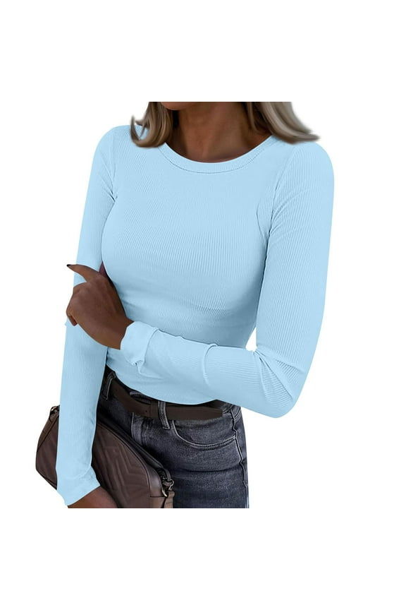 Going Out Tops for Women Fall Long Sleeve Lightweight Tops Ribbed Crew Neck Shirts Winter Trendy Travel Clothes Sky Blue L