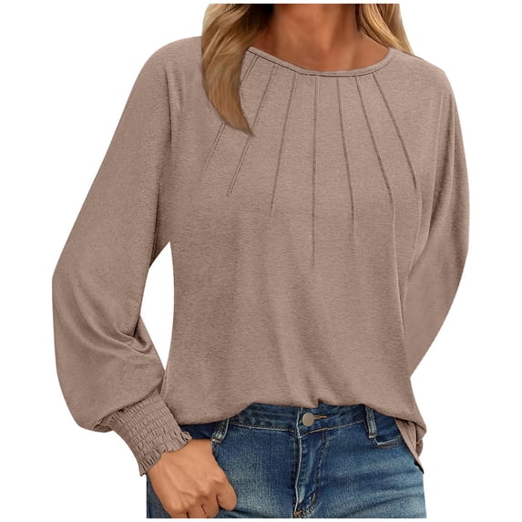 Going Out Tops for Women Fall Long Sleeve Solid Color Chic Ruched Womens Tee Shirts Dressy Casual Khaki L