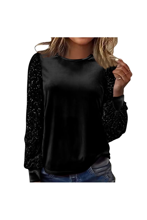Going Out Tops for Women Fashionable Velvet Sparkling Sequin Yoke Long Sleeve Beach Vacation Essentials,Black,XL