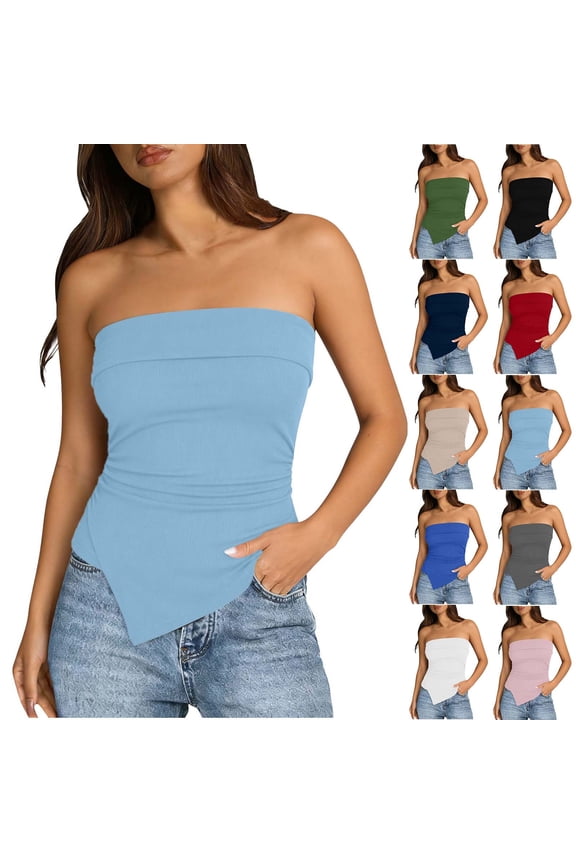 Going Out Tops for Women Knit Ribbed Trendy Asymmetrical Hem Strapless Bandeau Shirts Spring Summer Clothes White