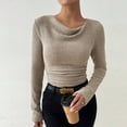 thumbnail image 1 of Going Out Tops for Women Long Sleeve Cowl Neck Ribbed Knit Shirts Slim Fit Ruched Basic T-Shirts Khaki S, 1 of 9