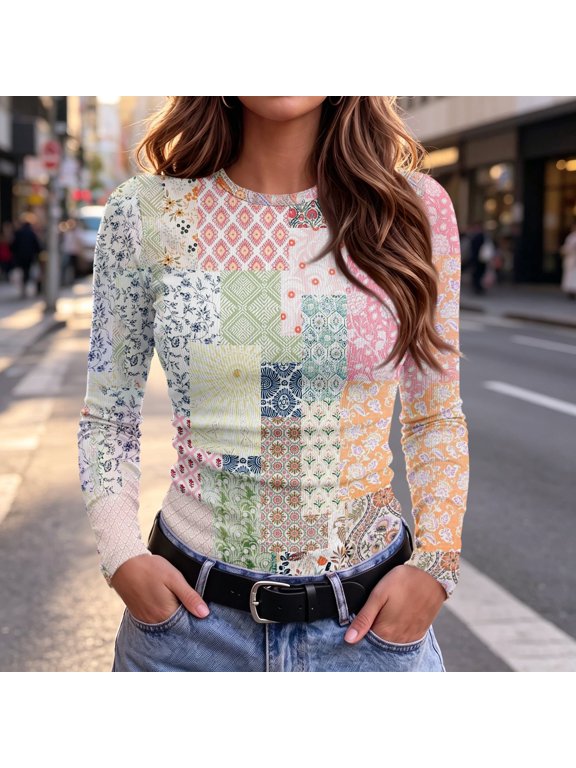 Going Out Tops for Women Long Sleeve Ribbed Fitted Slim Novelty Floral Print Tee Blouses Trendy Fall Basic Holiday Crew Neck Casual T-Shirts L