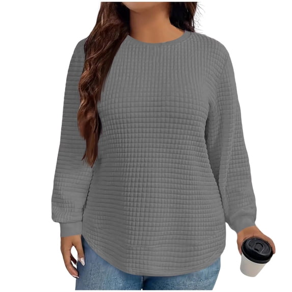 Going Out Tops for Women, Plus Size Sweatshirt for Women Crewneck Long Sleeve Curved Hem Waffle Loose Shirt Solid Color Fall Pullover Clothes