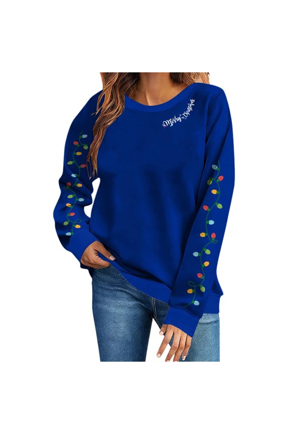 Going Out Tops for Women Round Neck Merry Christmas Printed Long Sleeved Top Sweatshirts Casual Tops Trendy Blouses Cute Work Outfits Clothes