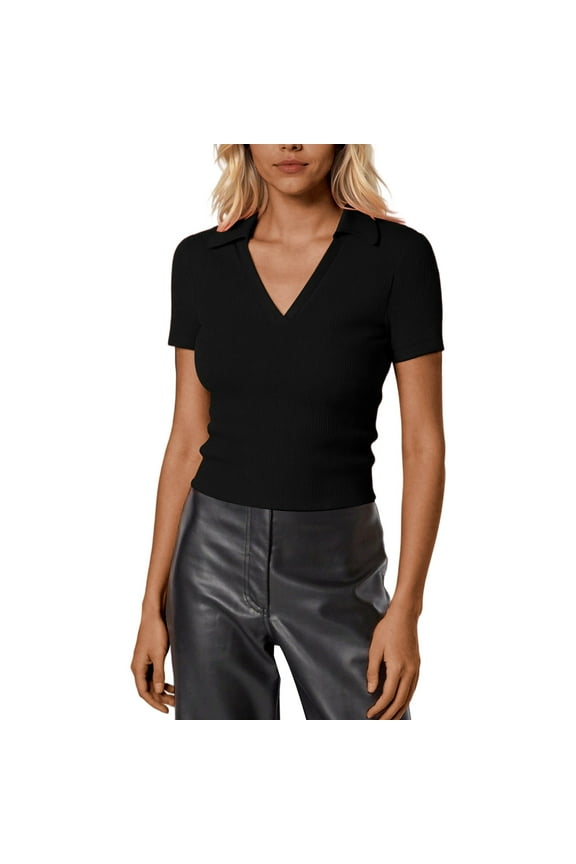 Going Out Tops for Women Short Sleeve V Neck Work Shirt Slim Blouse,Black,S