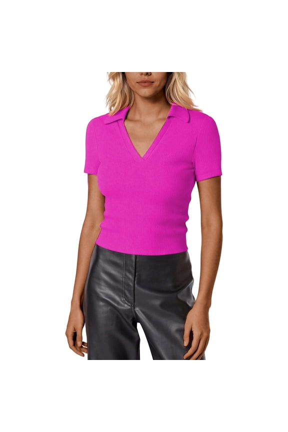 Going Out Tops for Women Short Sleeve V Neck Work Shirt Slim Blouse,Hot Pink,2XL