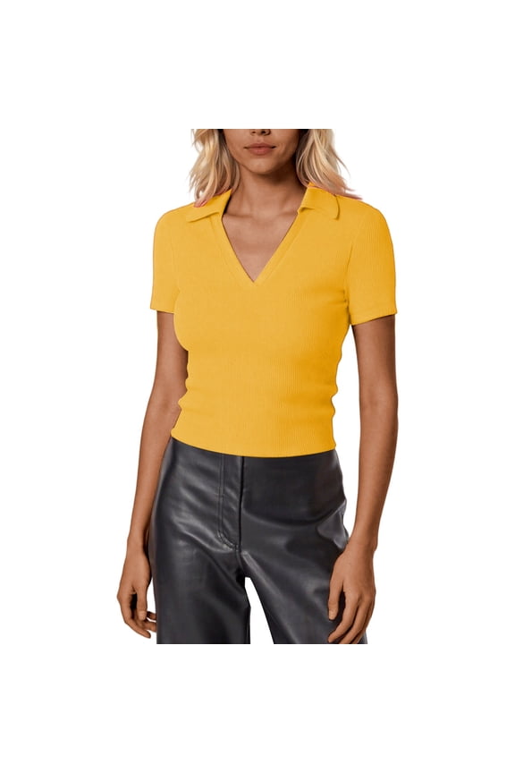 Going Out Tops for Women Short Sleeve V Neck Work Shirt Slim Blouse,Yellow,S